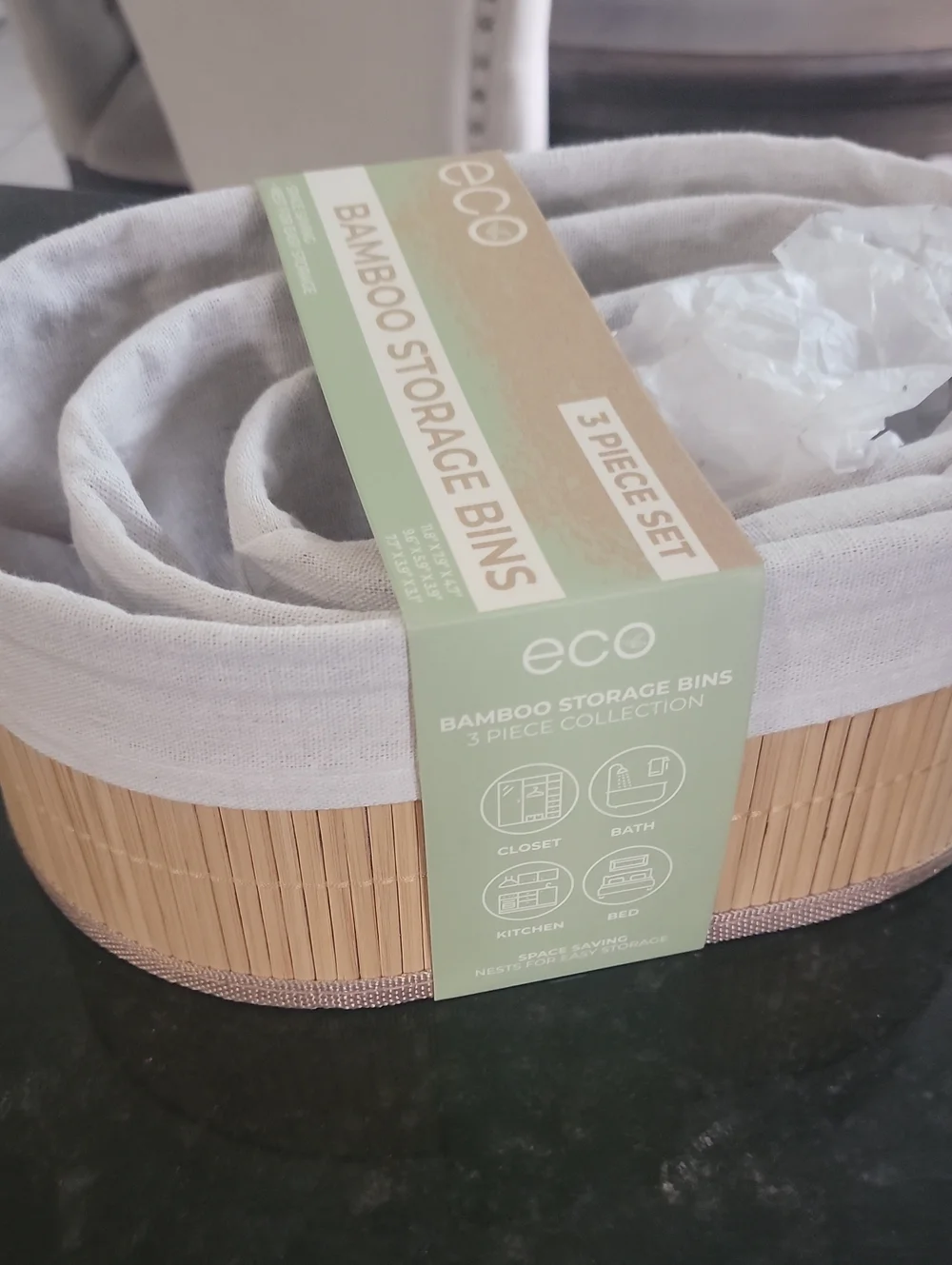 Eco Bamboo Storage Bins - Natural Bamboo with Linen Colored Liner (3 Piece Set)